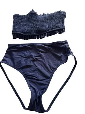 Tempt Me Women Bandeau High Waisted Bikini Smocked Strapless Blue Swimsuit Small